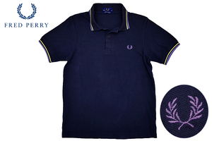 Y-5817* бесплатная доставка *FRED PERRY Fred Perry * стандартный товар Британия Англия производства воротник рукав линия ввод темно-синий олень. . рубашка-поло с коротким рукавом 38 96cm