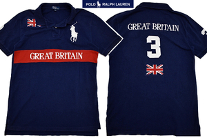 Y-5818★送料無料★Polo by Ralph Lauren ポロ ラルフローレン★英国旗 GREATBRITAIN ネイビー ビックポニー刺繍 半袖 ポロシャツ 170cm