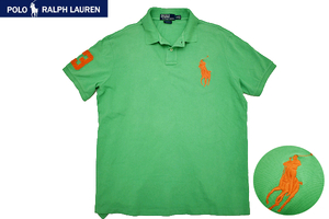 Y-5819★送料無料★美品★Polo by Ralph Lauren ポロ ラルフローレン★グリーン 3D立体ビックポニー刺繍 鹿の子 半袖 ポロシャツ XL