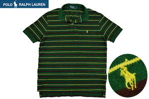 Y-5892★送料無料★Polo by Ralph Lauren ポロ ラルフローレン★正規品 グリーンボーダー ポニーロゴ刺繍 鹿の子 半袖 ポロシャツ LL