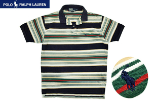 Y-5894★送料無料★美品★Polo by Ralph Lauren ポロ ラルフローレン★激レア マルチボーダー ポニーロゴ刺繍 鹿の子 半袖 ポロシャツ M