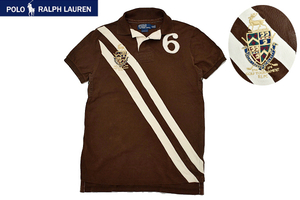 Y-5908★送料無料★美品★Polo by Ralph Lauren ポロ ラルフローレン ゴルフトーナメント★正規品 茶 ナンバー 鹿の子 半袖 ポロシャツ Ｓ