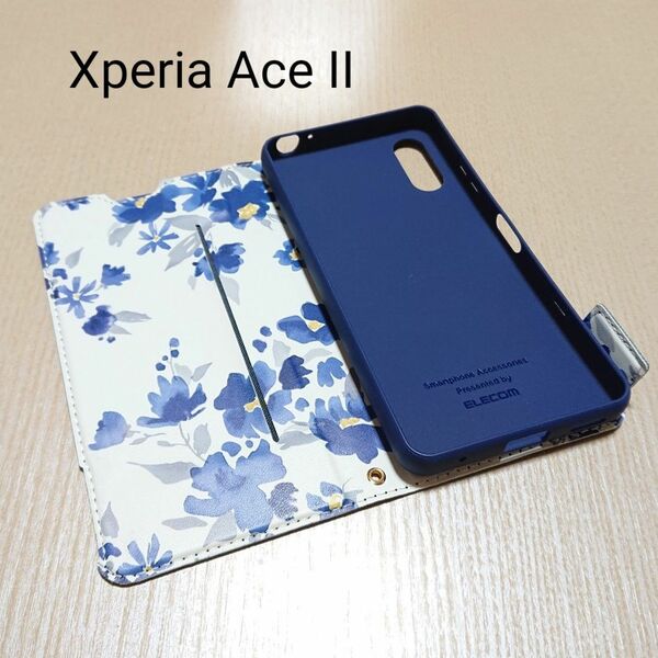 《Xperia Ace II》ウルトラスリム Flowers 手帳型ケース ネイビー