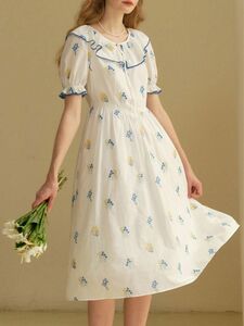 刺繍ワンピース夏用！新品未使用涼しい透けない！ゆったり ロングワンピース美品コットン裏地付き！M Lサイズ