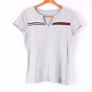 トミーヒルフィガー 半袖Tシャツ フラッグロゴ スリットネック トップス コットン100% レディース Mサイズ グレー TOMMY HILFIGER