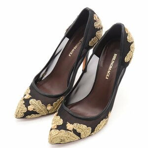  Bruno Magli pumps pin heel sia- gold embroidery Italy made brand shoes shoes lady's 35 1/2 size black Bruno Magli