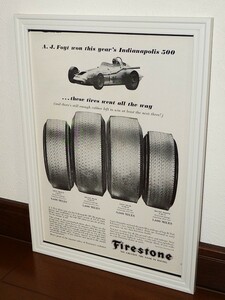 1964年 USA 洋書雑誌広告 額装品 Firestone ファイアストーン (A4size)/検索用 A.J.Foyt AJフォイト 店舗 装飾 ガレージ ディスプレイ 看板