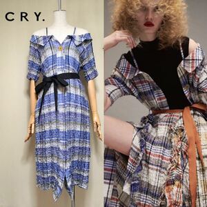 【美品】CRY. クライ 定価4万 Dress Wild rose オフショルチェックワンピース 36/Mサイズ相当 パープル系 レディース 日本製