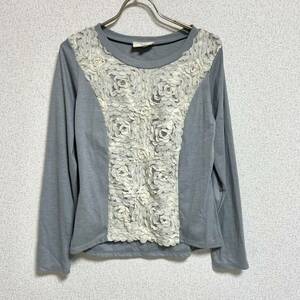 LAURA ASHLEY ローラアシュレイ 長袖Ｔシャツ レースデザインカットソー グレー×アイボリー サイズ2 レディースM相当 ＊23