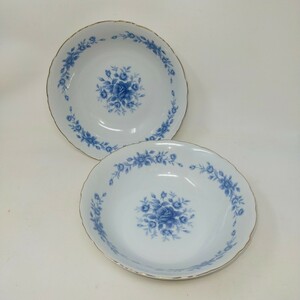 BLUE ROSE カレー皿 パスタ皿 大皿 深皿 サラダボウル 2枚セット バラ柄 昭和レトロ　S