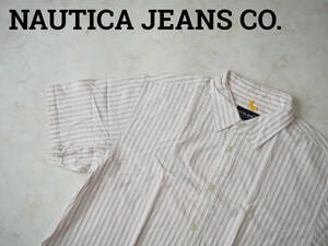 ☆送料無料☆ NAUTICA JEANS CO. ノーティカ USA直輸入 古着 半袖 ストライプ マチ付き シャツ メンズ XL ベージュ トップス 中古 即決