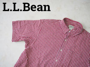 ☆送料無料☆ L.L.Bean エルエルビーン 古着 半袖 チェック 胸ポケット付き ボックス シャツ シアサッカー メンズ L レッド トップス 中古