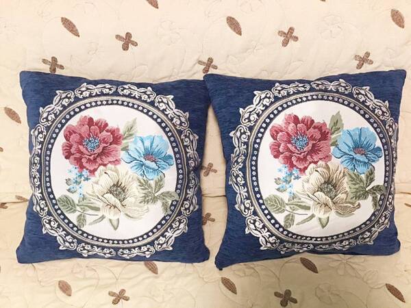新品クッションカバー 45 ×45 ㎝ 厚手 刺 二枚セット 花柄 ブルー YL-37