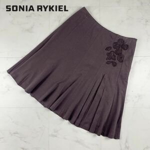 美品 SONIA RYKIEL ソニア リキエル 花柄刺繍 フレアスカート 膝丈 裏地あり レディース ボトムス 茶色 ブラウン サイズ44*EC124