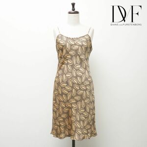 美品 DIANE von FURSTENBERG ダイアンフォンファステンバーグ シルク100% 総柄 キャミソールワンピース レディース ベージュ サイズ6*EC38