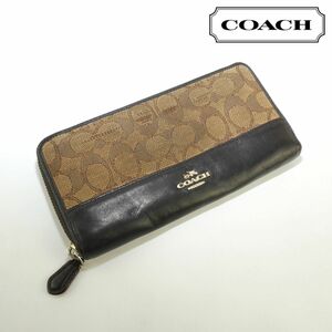 COACH コーチ 長財布 シグネチャー 総柄 ラウンドファスナー ゴールド金具 レザー 茶色 ブラウン@TC36