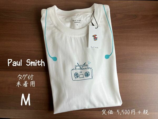 Paul Smith 半袖 Tシャツ M ラジカセ イヤフォン ポケット VネックTシャツ tee白 ホワイト シンプル ポールスミス 送料無料 タグ付き