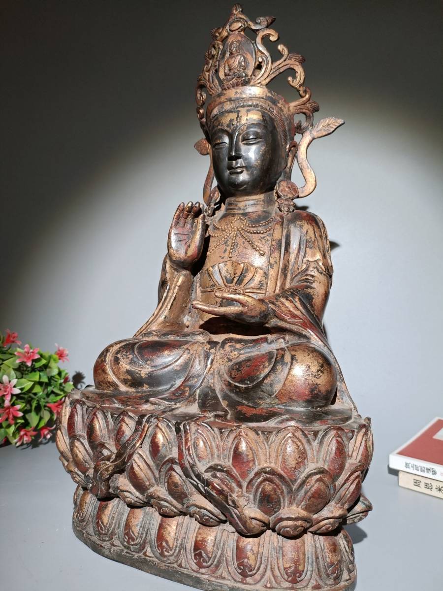 6~W0452 中国骨董 人間国宝 仏教美術 仏像【紫銅鎌金蓮華観音菩薩仏像