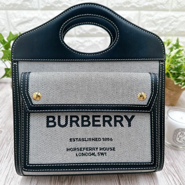 Burberry 2way ミニポケットバック ツートン キャンバス＆レザー