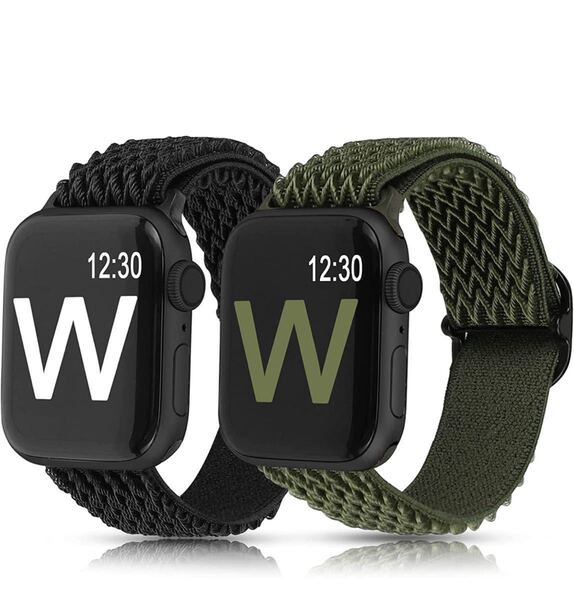 【2個付き】Apple Watch アップルウォッチ バンド42/44/45/49mm シリーズSE8/7/6/5/4/3/2対応 ナイロン製弾性バンド (ブラック+グリーン)