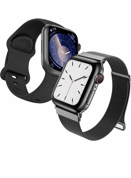 Apple Watch バンド 2枚セットiWatch 42mm 44mm 45mm 49mm対応 アップルウォッチ用シリコンバンド ステンレス鋼ミラネーゼループ バンド