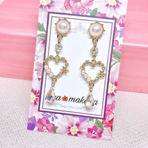 pua makana★ハンドメイド★パールポスト ハート クリスタルドロップピアス