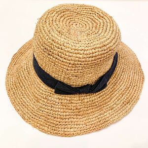 【新品未使用】Ocean&Ground オーシャン&グラウンド 帽子 麦わら帽子 ラフィア リボン 50cm ベージュ 黒 ブラック UV対策 紫外線対策