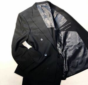 新品【サイズA7 XL★王道の礼服】4つボタンダブルスーツ 喪服 黒 フォーマル ノーベンツ★2タック アジャスター付き ウール 本台場仕立て