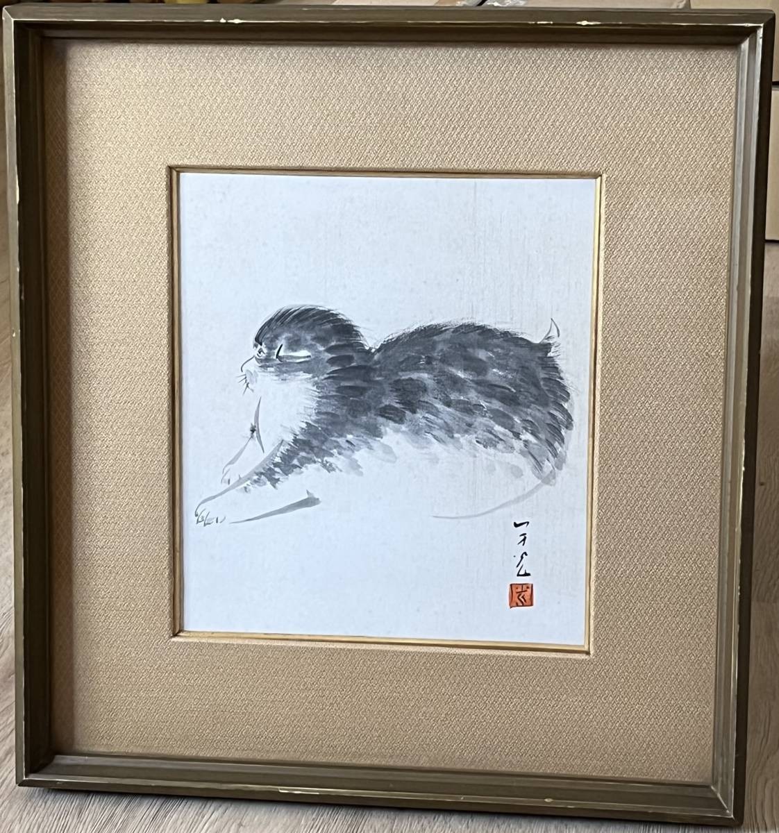 [Enmarcado] Pintura de animales, papel de colores, gato firmado. Tamaño del marco [Alto: 44, 5 cm x Ancho: 41, 5 cm x Grosor: 4, 5 cm] (KM25E136), Cuadro, pintura japonesa, Flores y pájaros, Fauna silvestre