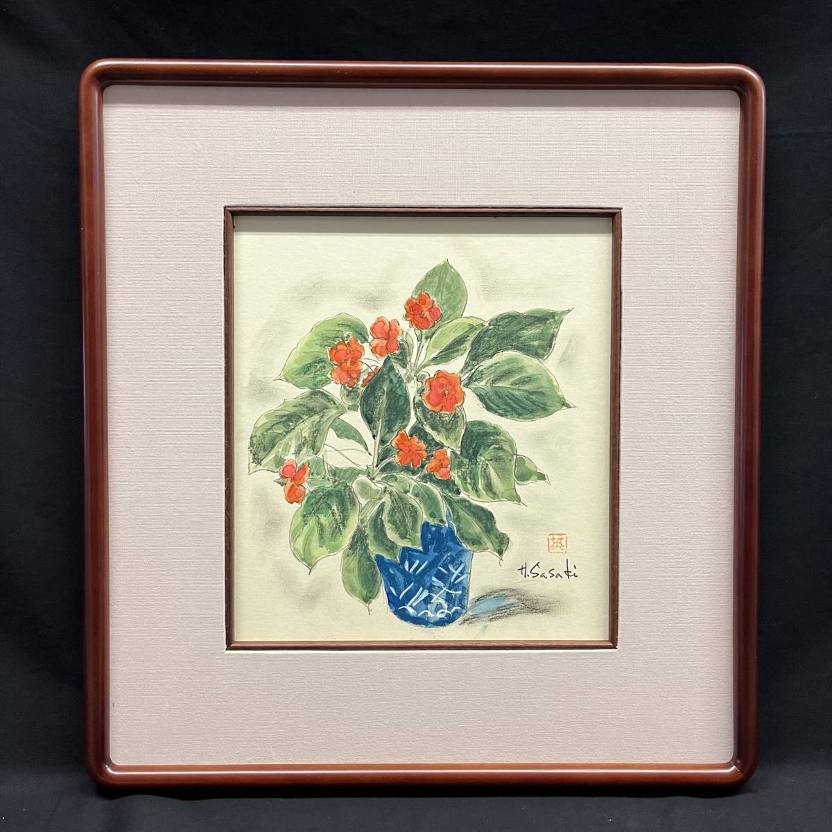 [Framed] Painting Japanese painting Hideo Sasaki Flowers (Japanese paper) Signed and stamped, painting, Japanese painting, others