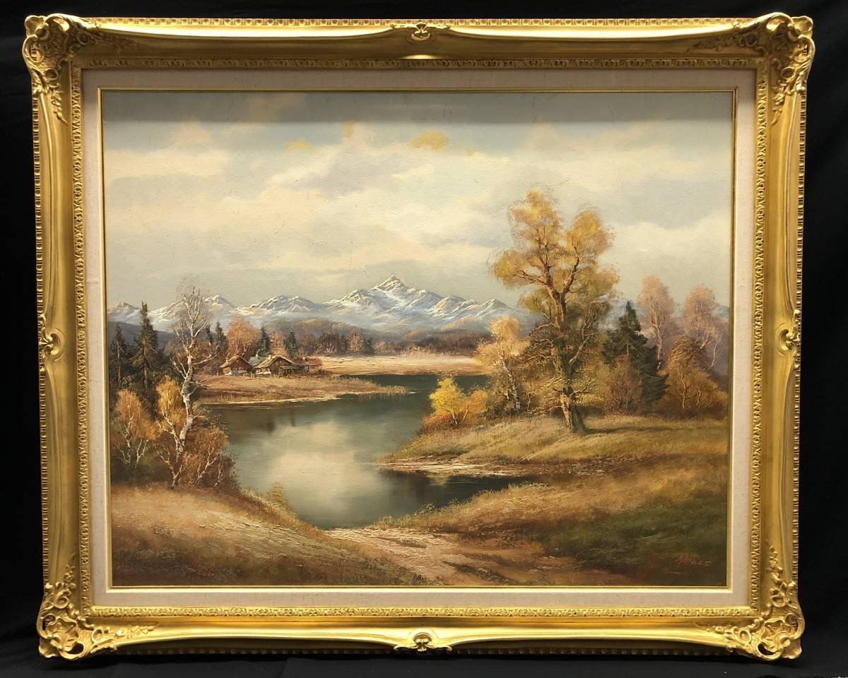 [Framed] Painting, large oil painting, Bob Ross, landscape painting, lake, signed, frame: 91cm height x 110cm width x 9cm thickness, no glass, Painting, Oil painting, Nature, Landscape painting