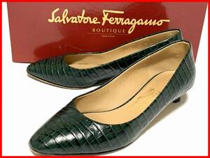 即決 Salvatore Ferragamo フェラガモ 5.5≒22.5cm パンプス 型押し グリーン レディース F