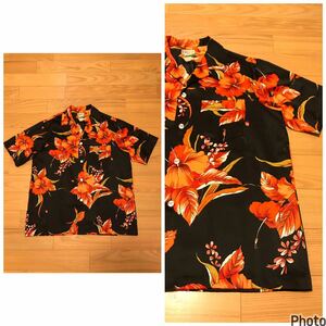 美品☆HAWAII.USA製／70s80s SUN MARI FASHIONS L大き目 希少.ブラックポリ!・半袖アロハシャツ オリジナルビンテージ 花葉総柄 オープン襟