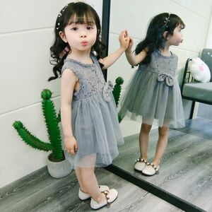 ♪ｍineka♪ベビーレースワンピース 子供服 無袖ワンピース ドレス 発表会 記念写真 七五三 普段着 通園 遠足 外出 グレー 70cm 121483/1T