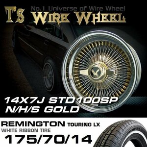 ワイヤーホイール T's WIRE 14X7J STD100SP トリプルゴールド レミントンホワイトリボンタイヤセット　＜ローライダー/USDM＞