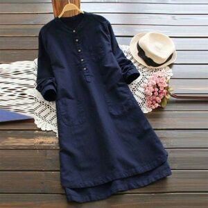  including in a package 1 ten thousand jpy free shipping #M~3XL size # simple easy plain cotton flax linen tunic great popularity stylish long sleeve large size tops * navy blue 