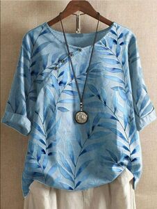  including in a package 1 ten thousand jpy free shipping #M-4XL size # summer new goods casual cotton flax short sleeves tunic easy print large size shirt blouse * blue 