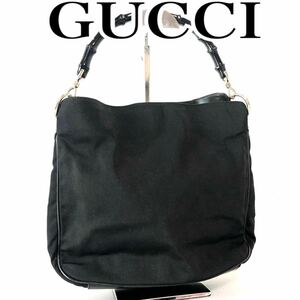 ■美品■GUCCI グッチ　バンブー　ショルダーバッグ　ハンドバッグ　ナイロン×レザー　 刻印あり　イタリア製　ブラック