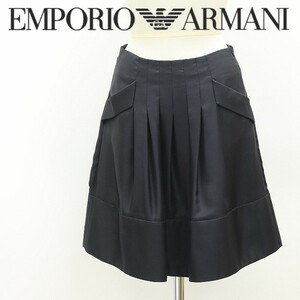 国内正規品◆EMPORIO ARMANI エンポリオ アルマーニ シルク100％ タック フレア スカート 黒 ブラック 38