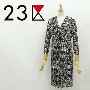 美品◆23区 総柄 シャーリングスリーブ 七分袖 タック カシュクール風 ワンピース チャコールブラウン×アイボリー 38