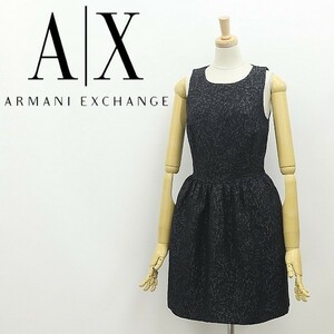 美品◆A/X ARMANI EXCHANGE アルマーニ エクスチェンジ ラメ混 織り柄 ギャザー 切替 ノースリーブ ワンピース 黒 ブラック 0