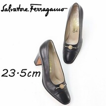 ◆Salvatore Ferragamo サルヴァトーレ フェラガモ レザー メダルホースビット ヒール パンプス 黒 ブラック 6_画像1