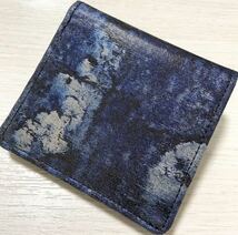 超希少 幻想的藍染 京都伝統西陣織 レザー二つ折りウォレット 財布 金箔銀箔1C_画像1