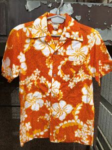 jaja ビンテージ アロハシャツ 花柄 ハイビスカス　ハワイアンシャツ HAWAII ハワイ製 70'sオレンジ
