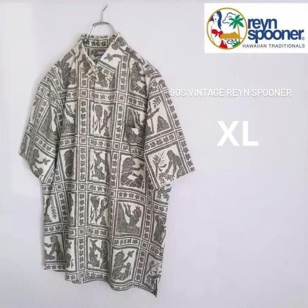 90s Vintage reynspooner レインスプーナー XL カーキ アロハ柄 民族 ダイヤモンドヘッドタグ USA製