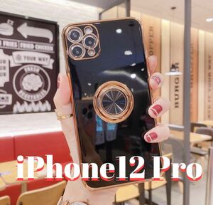 iPhone12pro ケース リング付きカバー スマホケース　黒 ブラック 高級感　大人可愛い　おしゃれ　韓国