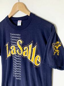 70s 80s USA製 ジャージーズ 袖プリント ラサール 大学カレッジ Tシャツ ビンテージ ネイビー ラッセ RUSSEL/チャンピオン CHANPION