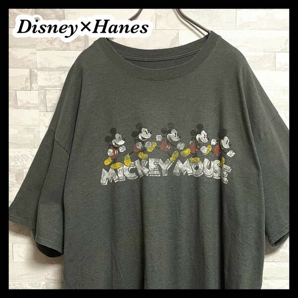 【Disney×Hanes】ディズニー　ヘインズ　ミッキーマウス　メンズ　半袖tシャツ　2XLサイズ　ゆるダボ　大きめサイズ　古着