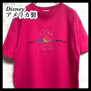 【Disney】ディズニー　アメリカ製　刺繍ミッキーマウス　メンズ　半袖tシャツ　Mサイズ　MADE IN USA ピンク　古着