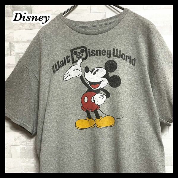 【Disney】ディズニー　ミッキーマウス　半袖tシャツ　メンズ　Lサイズ　ユニセックス　少し汚れがあります　古着　グレー